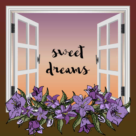 Vector window with flowers sunset with format eps10のイラスト素材