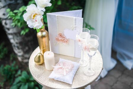 Wedding decoration, decor. Arch, table for the ceremony.の写真素材