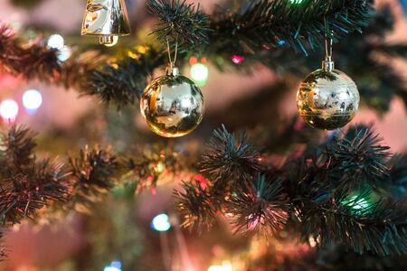 Beautiful Christmas tree with garlands of lights. Christmas decorations. Christmas background.