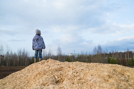 Back shot of a child looks up at the sky.の写真素材