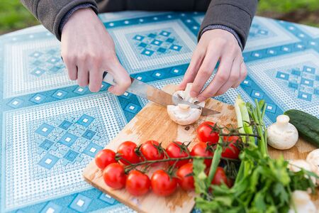 Female hands chopping fresh vegetables on wooden board, close-upの写真素材