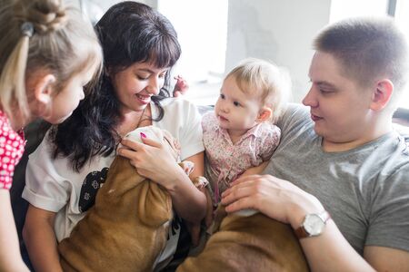Nice scene of the family and the puppy on the couch at homeの写真素材