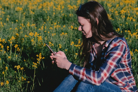 Woman looking at mobile phone sitting in Park on grass among yellow flowers.の写真素材