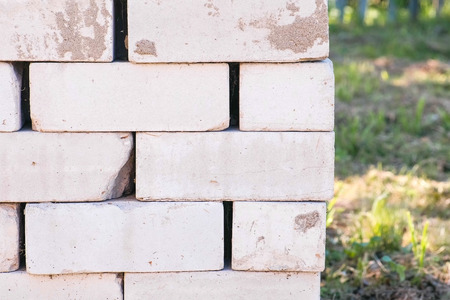 Pallet of bricks close-up for building a house in the countryの写真素材