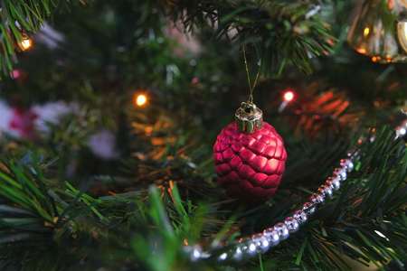 Red shiny cone on the branches Christmas tree. Christmas garland with lights on the Christmas tree.の写真素材