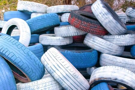 Secondary use of car tyres. Environmental pollution by car tires.の写真素材