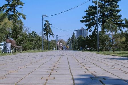 Anapa, Russia, 26-04-2019: People walk down the street revolution Avenue. Low angle view of the street with trees and plants on the squares. Resort town off-season. Editorial video.のeditorial素材