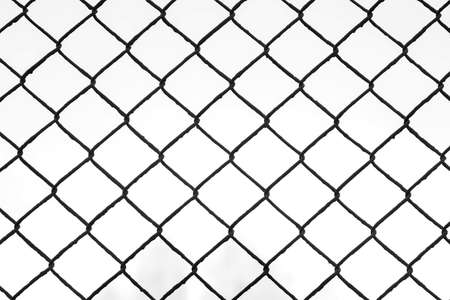 Black metal wire fence with rhombuses in park, view on white sky through it, camera in motion. Background, texture with metal grid and overcast sky in autumn day.の写真素材