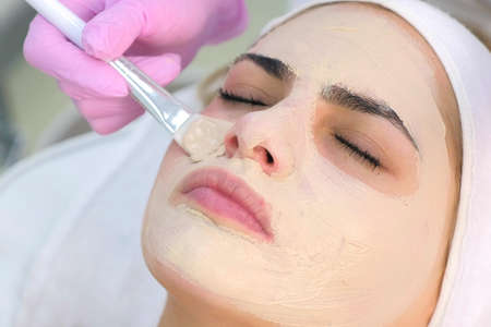 Cosmetologist applying moisturizing mask with brush on woman client face in beauty clinic. Portrait...