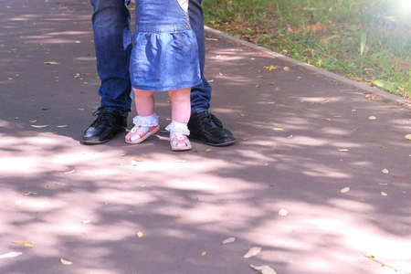 Father learning his daugter to walk outdoors. Baby girl is trying to go making first steps holding dads hands in city park. Happy girl of one year old. Fatherhood and babycare concept.の写真素材