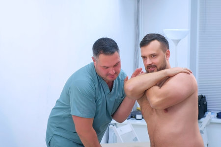 Doctor chiropractor osteopath treats patients shoulder in clinic on rehabilitation therapy. Man with neck torso sitting back to camera. Manual therapist physician appointment and healing treatment.の写真素材