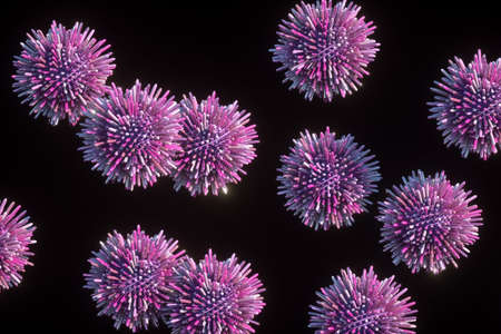 Pink balls, spheres with not sharp spikes, sticks around it on black background. Geometric shapes....