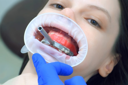 Orthodontist is fixing metal part on womans patient teeth preparing to condylography. Examination and treatment of mandibular joints. Orthodontology treatment and cure concept. Dentistry and clinic.の写真素材