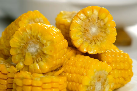 Close-up pieces of baked fresh sweet corn on plate cooked on kitchen at home. Prepare cook bake...