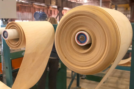 Industrial machine winding wood veneer at woodwork industrial factory. Manufacturing production of...