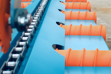 Part of conveyor belt with roller conveyor machine to move separate wood boards. Woodwork factory...