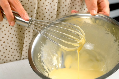 Woman cooking homemade mayonnaise sauce whisking ingredients in metal bowl, hands close-up. Cooking...