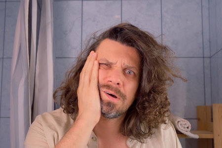 Man experiencing suffering from intense tooth pain in bathroom touching face cheek. Long haired...