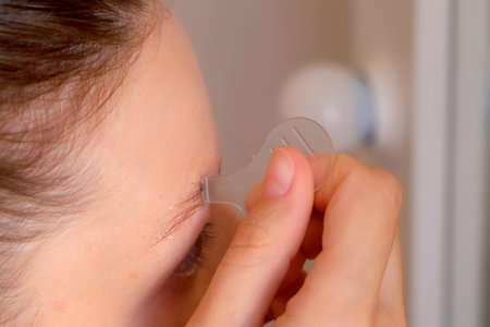 Closeup woman applying glue on eyebrows brushing it preparing to lamination, face close-up side view. Looking at mirror with attention. Cosmetic beauty treatment eyebrow laminating procedure at home.の写真素材