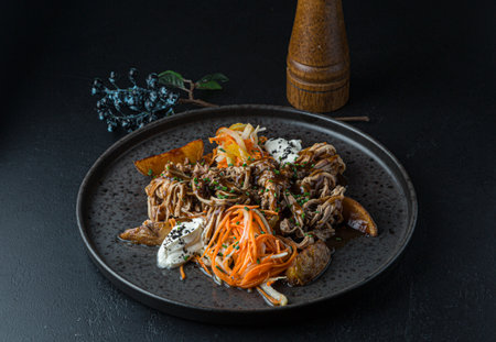 Beef stroganoff with carrot and pumpkin as closeup on a modern design plateの写真素材