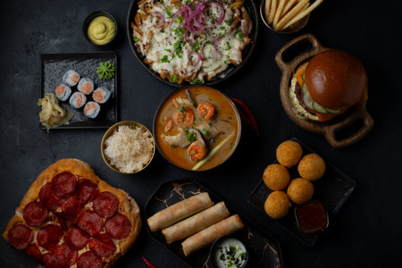 Set of food on black background. Top view, flat layの写真素材