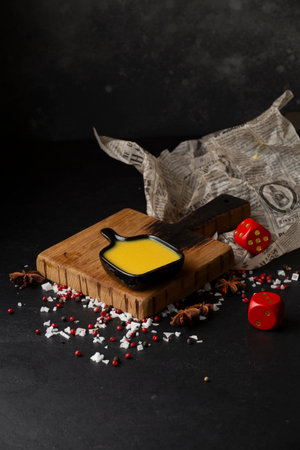 Traditional Indian masala chutney with spices on a black backgroundの写真素材