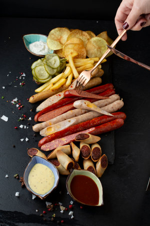 Grilled sausages, chips and vegetables on a black backgroundの写真素材