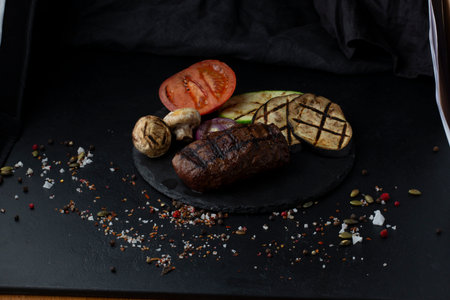 Grilled steak with vegetables and spices on a black background. Restaurantの写真素材