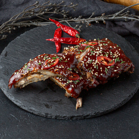 Grilled pork ribs with chili and sesame seeds on black slate boardの写真素材