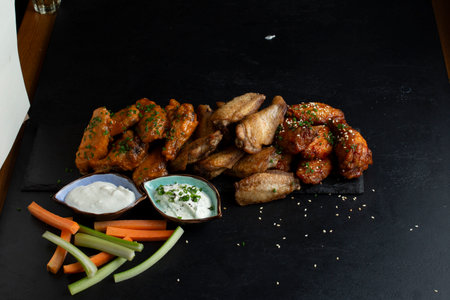 Grilled chicken wings with sauce and vegetables on a black background.の写真素材