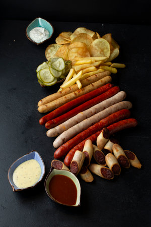 Assortment of sausages with chips and sauce on black backgroundの写真素材