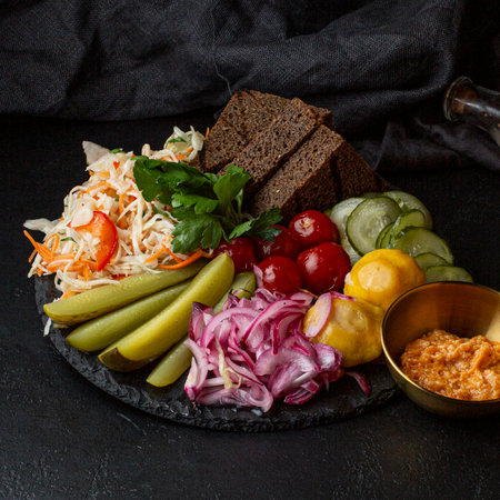 Vegetable salad with pickled cucumbers, tomatoes, red onion and bread on black backgroundの写真素材