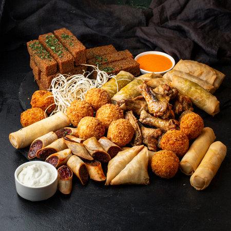 Traditional Indian food. Assorted Indian snacks on a black background.の写真素材