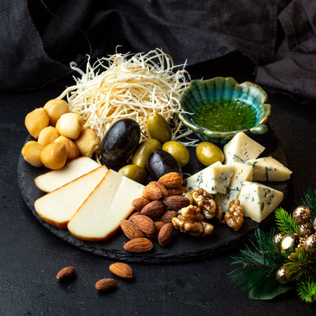 Cheese platter with olives, nuts and pesto on dark backgroundの写真素材