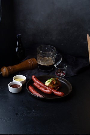 Grilled sausages with mustard on a black backgroundの写真素材