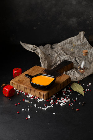 Vegetable soup in a frying pan on a black stone background.の写真素材