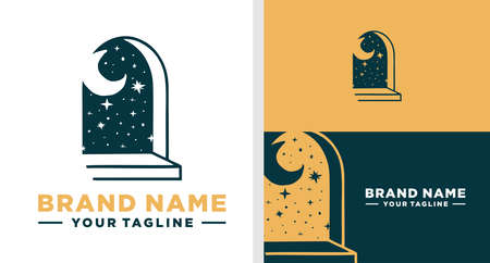 WINDOW  NIGHT WITH STAR AND MOON ILLUSTRATION SIMPLE EDITABLEのイラスト素材