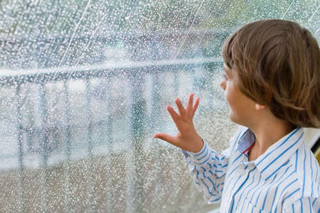 Smiling boy watching the rain outside at a window の写真素材