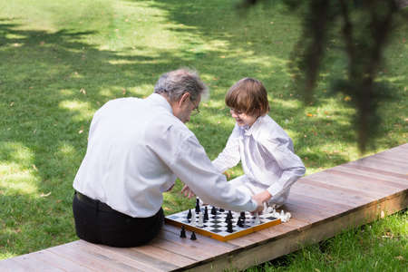 Grandfather and grandson playing chess in a park の写真素材