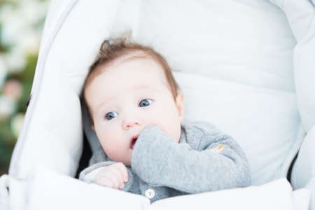 Little baby wearing a warm sweater sitting in a white stroller の写真素材