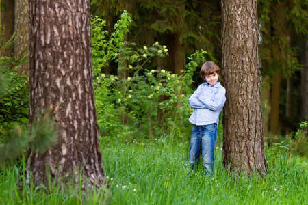 Little boy playing in a beautiful forest の写真素材