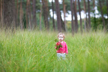 Sweet little baby girl walking in a beautiful autumn park playing with red berry の写真素材