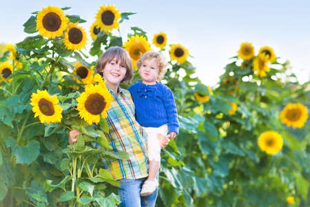 Two kids, handsome boy and his cute baby sister, playing in a sunflower field on a sunny summer day の写真素材