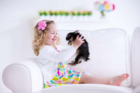 Happy laughing little girl playing with a baby rabbit, hugging her real bunny pet and learning to take care of an animal. Child on a white couch at home or kindergarten.の写真素材