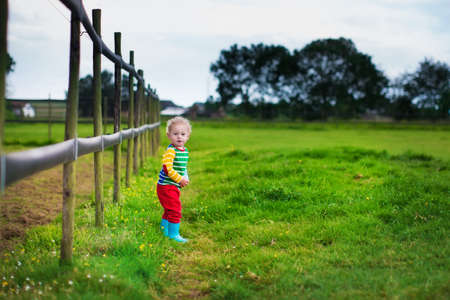 Funny little boy on a farm. Kids playing outdoors. Preschooler child helping in the garden. Children gardening. Toddler kid working in the field on a rainy autumn day.の写真素材