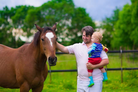 Family on a farm in summer. Father and baby son feed a horse. Outdoor fun for parents and children. Kids playing with pets. Child feeding an animal. Dad and little boy play together in the garden.の写真素材