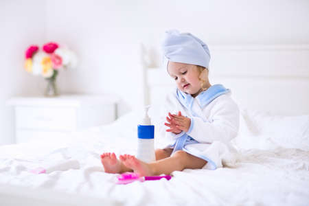 Child After Bath Cute Little Girl With Wet Curly Hair Wearing A