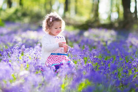 Little girl playing in sunny blooming garden. Baby on Easter egg hunt in blue bell flower meadow. Toddler child picking bluebell flowers. Kids play outdoors. Spring fun for family with children.の写真素材