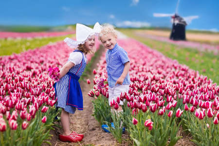 Happy Dutch children playing in blooming tulip flowers field. Boy and girl wearing traditional national costume, wooden clogs and hat play with tulips next to a windmill in Holland, Netherlandsの写真素材