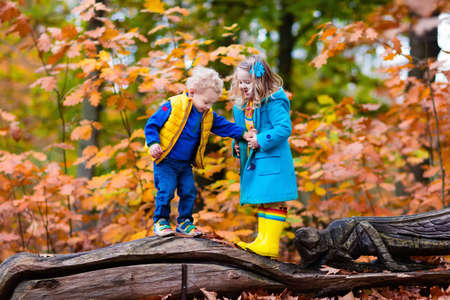 Happy children playing in beautiful autumn park on cold sunny fall day. Kids in warm jackets play with golden  leaves.の写真素材